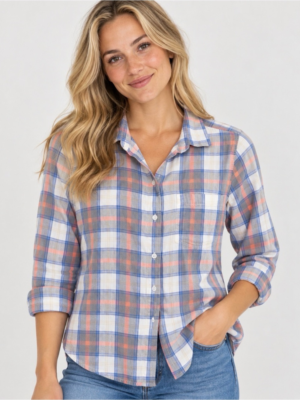 Old Navy Plaid Button-Down Shirt — White, Blue & Coral
